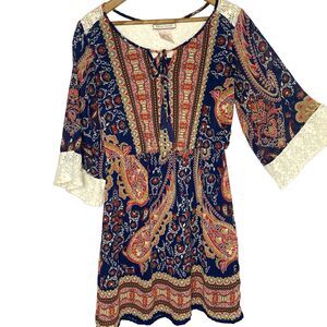 Anthropologie FLYING TOMATO Dress Mini Paisley Lace Kimono Sleeve Womens S Blue
